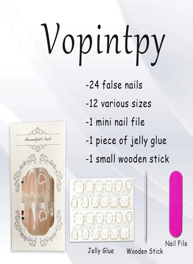 Vopintpy 3D Cherry Bow Pearl Fake Nails White French Tip Press on Nails Extra Long Square False Nail with Design Glossy Full Cover Artificial Reusable Stick on Nail for Women Nail Art - Image 4